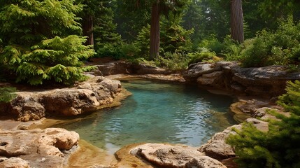 A secluded natural spring pool with clear turquoise water surrounded by rocks and lush evergreen trees