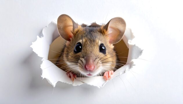 Small mouse peering through a torn hole in white paper, cute and curious with wide eyes and little paws