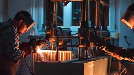 A craftsman wearing a protective mask carefully welds metal parts, creating dangerous but necessary sparks, which emphasises the importance of safety in the workplace. This image would be an ideal atm