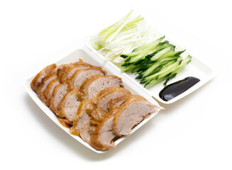 Traditional Peking Duck Slices with Cucumber, Scallion, and Sweet Bean Sauce on White Isolated Background – Chinese Cuisine