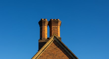 Close-up of a brick chimney on a roof against a bright blue sky