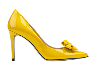 Elegant yellow high heel stiletto shoe with bow isolated on transparent background