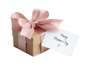 Mother’s Day gift box with pink ribbon and greeting tag isolated on transparent background
