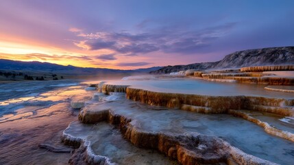 Fototapeta premium Colorful geothermal hot spring terraces with steaming water at twilight under a vibrant sky