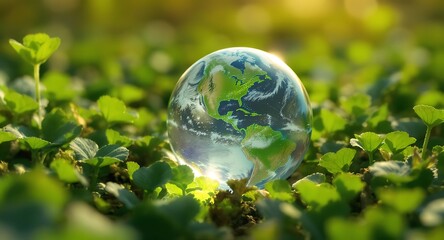 Earth Globe in Greenery - A Symbol of Environmental Protection and Sustainability.