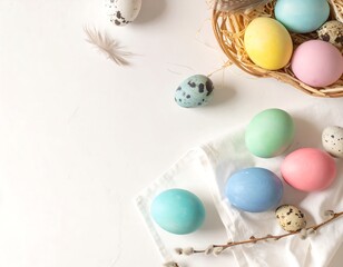 Colorful Easter eggs in a woven basket with a soft, feathery arrangement on a white surface