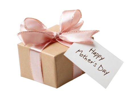 Mother’s Day gift box with pink ribbon and greeting tag isolated on transparent background