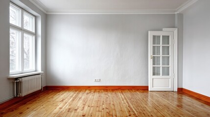 Fototapeta premium Empty interior room displays light gray walls, polished wood floor, and white framed window beside a paneled doorway