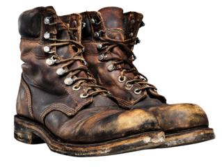 Old worn brown leather work boots with laces isolated on transparent background