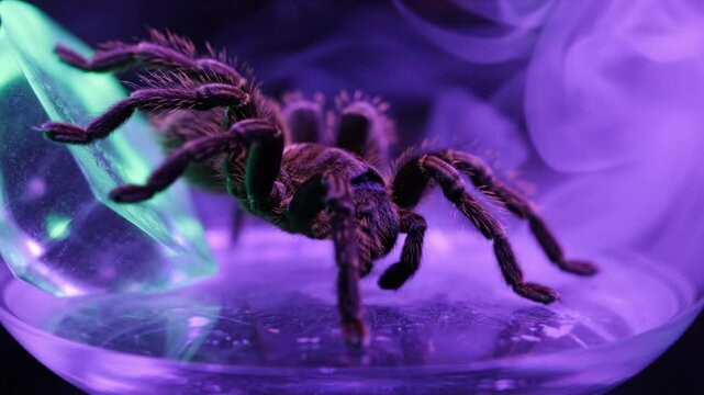 hairy tarantula underneath intense purple green light