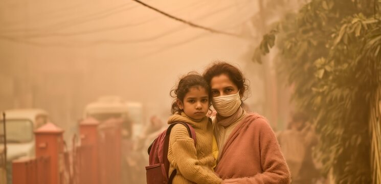 Mother and Daughter Posing in Extremely Heavy, Orange-Tinted Smog, with the Mother Wearing a Face Mask