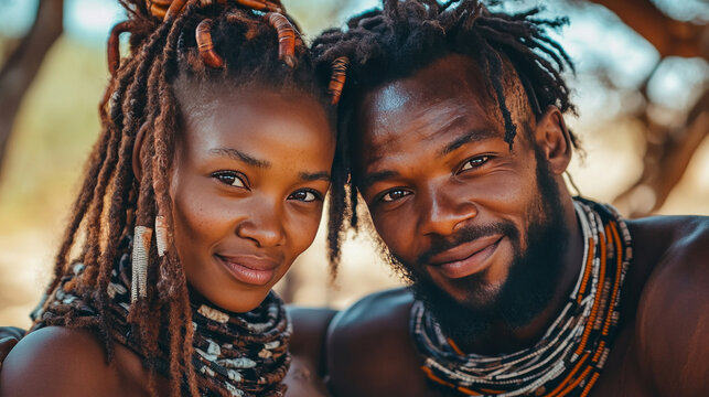 Himba couple wearing traditional jewelry smiling together in namibia