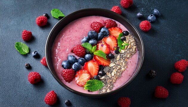 vibrant berry smoothie bowl with fresh strawberries raspberries blueberries blackberries chia seeds oats and mint leaves on a dark textured background