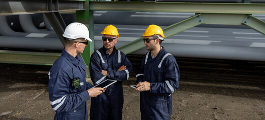 Engineer wearing safety gear using digital tablets at an industrial facility, discussing data and operations under large pipelines, symbolizing technology integration in modern engineering.