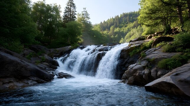 A scenic waterfall cascades down rocks in a vibrant green forest