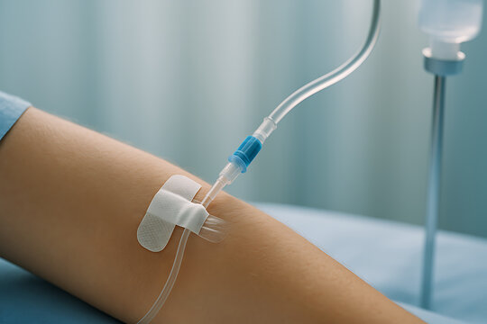 Intravenous cannula inserted into patient arm, medical IV infusion tube delivering fluid therapy treatment in hospital setting, close up healthcare procedure showing needle catheter connection used fo