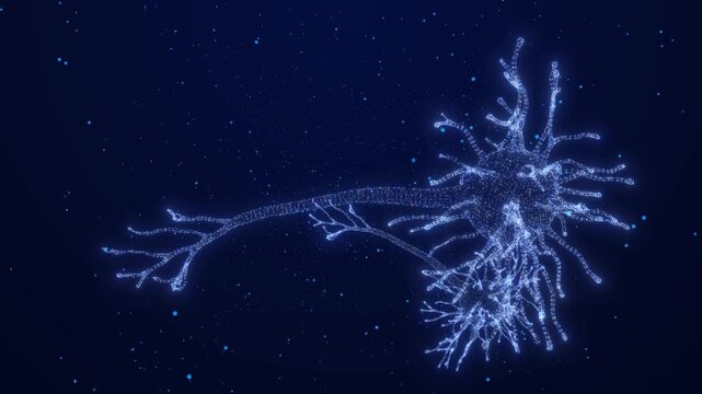 Abstract Digital Neuron Network Animation Glowing Blue Brain Cell In Dark Space, Symbolizing Ai, Science, And Neurological Connections, Digital Neuron Network Animation: Abstract Brain Cell With