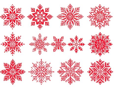 Collection of stylized red snowflakes, pixelated in various ornate designs