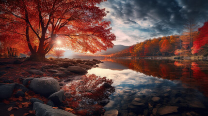 A peaceful autumn scene featuring a calm lake reflecting colorful trees and clouds in the sky, with gentle hills in the background.