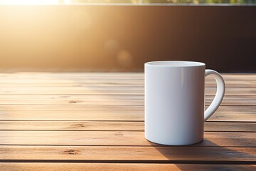 White Ceramic Mug on Rustic Wooden Table in Sunlight 