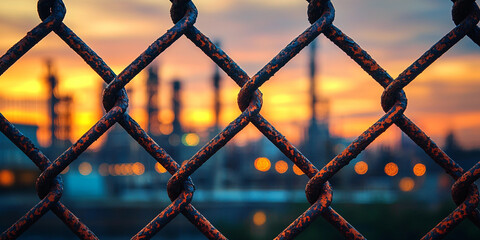Rusty chain-link fence at sunset by industrial area Generative AI
