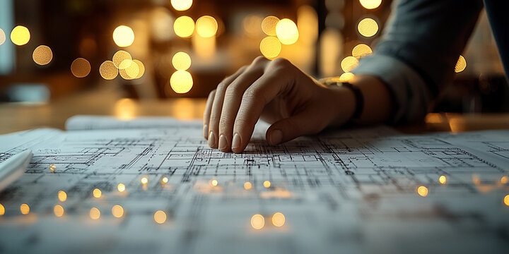 Hand resting on architectural plans with soft lighting Generative AI