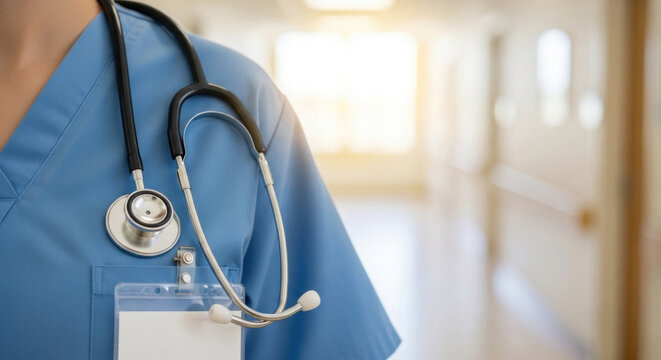 A nurse in blue scrubs with a stethoscope around her neck, walking down a hospital hallway.