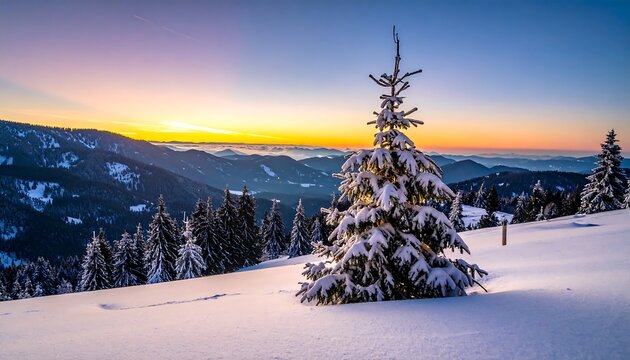 Snowy mountain landscape at sunset. Foreground snow-covered evergreen trees. Mountains in the distance with colorful sky and calm atmosphere