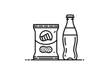A bag of chips and a bottle of soda are depicted in a simple line art illustration.