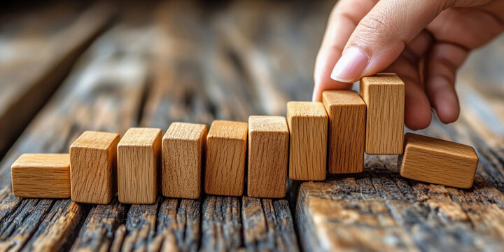 Hand triggers domino effect with wooden blocks on table Generative AI