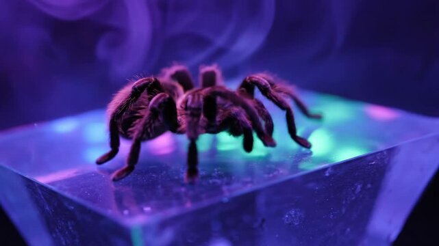 tarantula illuminated by purple blue light smoke