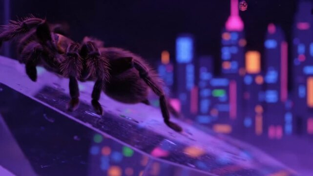 tarantula crawling glowing purple abstract cityscape