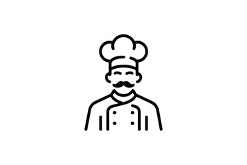 A chef wearing a tall hat and a mustache in a simple line drawing.