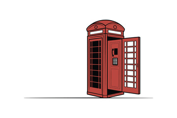 An iconic red British telephone booth stands open on a white background.