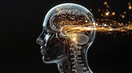 Glass head glowing with neural gold and light flow