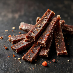 Biltong snack stack with spices on rustic wooden table