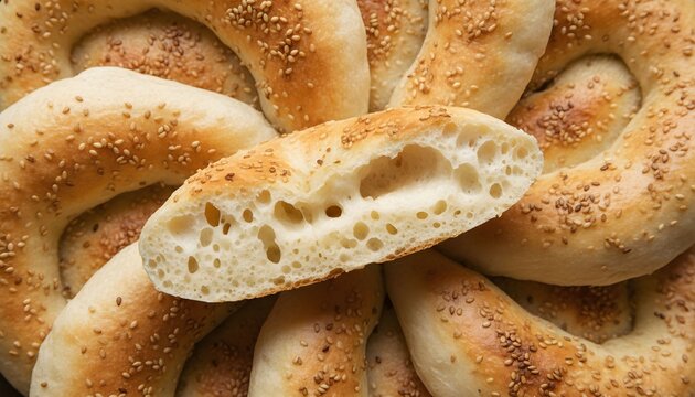 A close-up of freshly baked sesame seed bread rings, with one broken open to reveal the soft, airy interior crumb.
