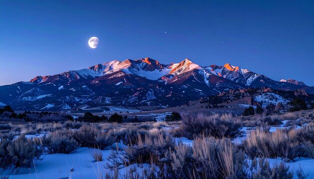 Snowy mountain peaks glow golden under a bright moon in the clear blue night sky, with frosted plains below - Powered by Adobe