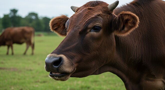 Close-up of a brown cow with small horns grazing in a green pasture. Another cow is in background