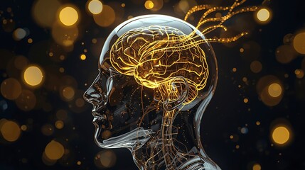 Transparent human head with streams of golden light