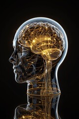 Futuristic glass brain illuminated by golden energy