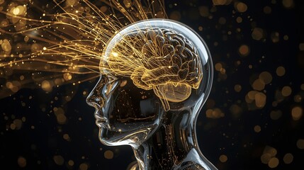 Glass head with golden light flowing through the brain