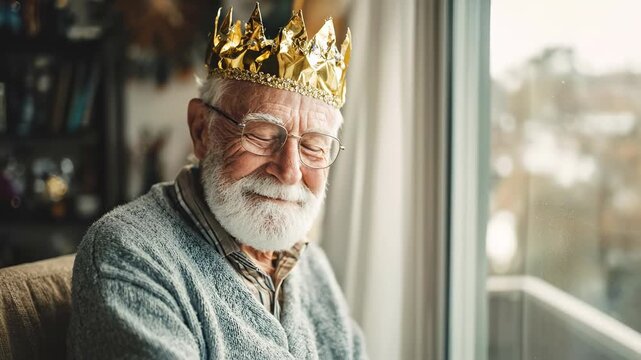 Elderly man wearing a golden crown and smiling by the window  