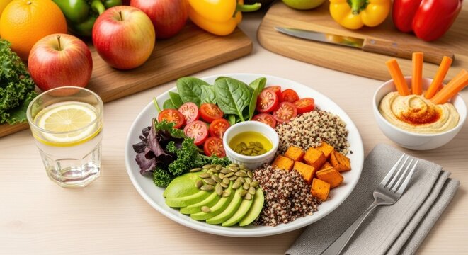 A colorful salad bowl with a variety of fresh vegetables, including spinach, tomatoes, and carrots, served with a side of hummus and a glass of water.