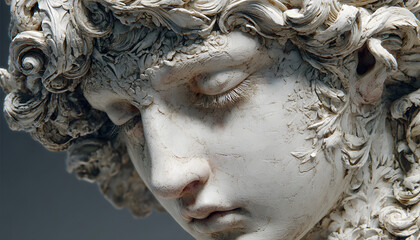 Sculpture of woman with ornate hair. White statue in studio. Female head bust with closed eyes. Concept of inner peace or history. Art object in classic style. Digital art with ornaments.