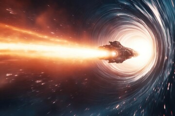 Celestial Voyage: A spaceship embarks on a bold cosmic adventure, thrusting into a wormhole in a cinematic, space opera-inspired tableau. 