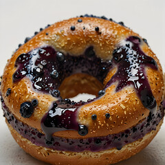 Golden brown blueberry bagel topped with sweet berry glaze