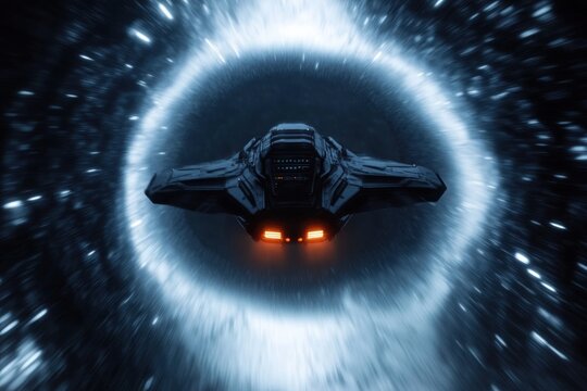 Quantum Gateway: A futuristic spaceship bursts through a mesmerizing, luminous wormhole, symbolizing the exploration of the unknown and the potential of interstellar travel.