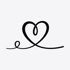Black continuous line drawing of a heart shape with a swirling tail on a light gray background love romance vector illustration.