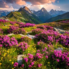 Colorful alpine landscape with vibrant pink flowers, green grass, and majestic mountains